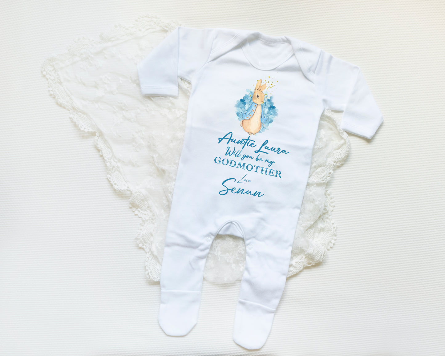 Will you be my Godmother/ Godfather Personalised Babygrow Blue