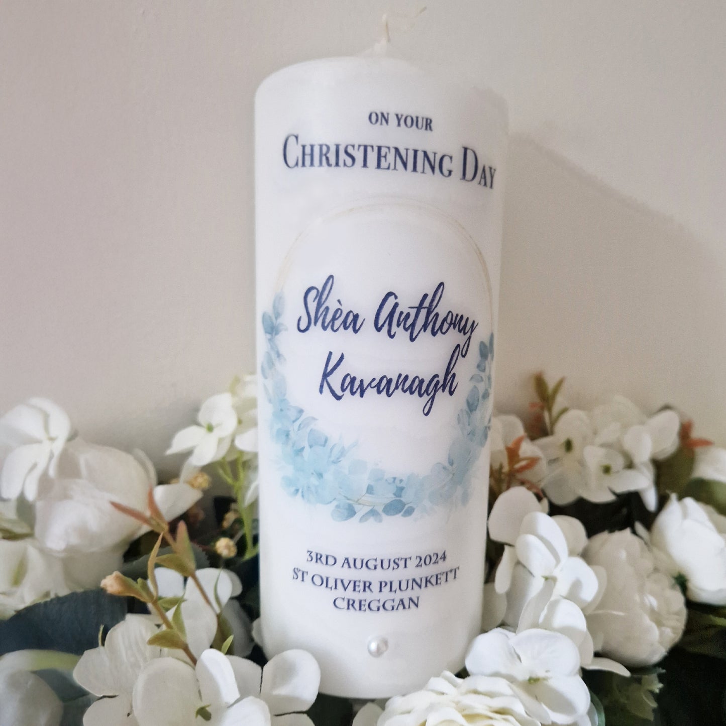 Personalised Christening Candle Blue Circle Eucalyptus