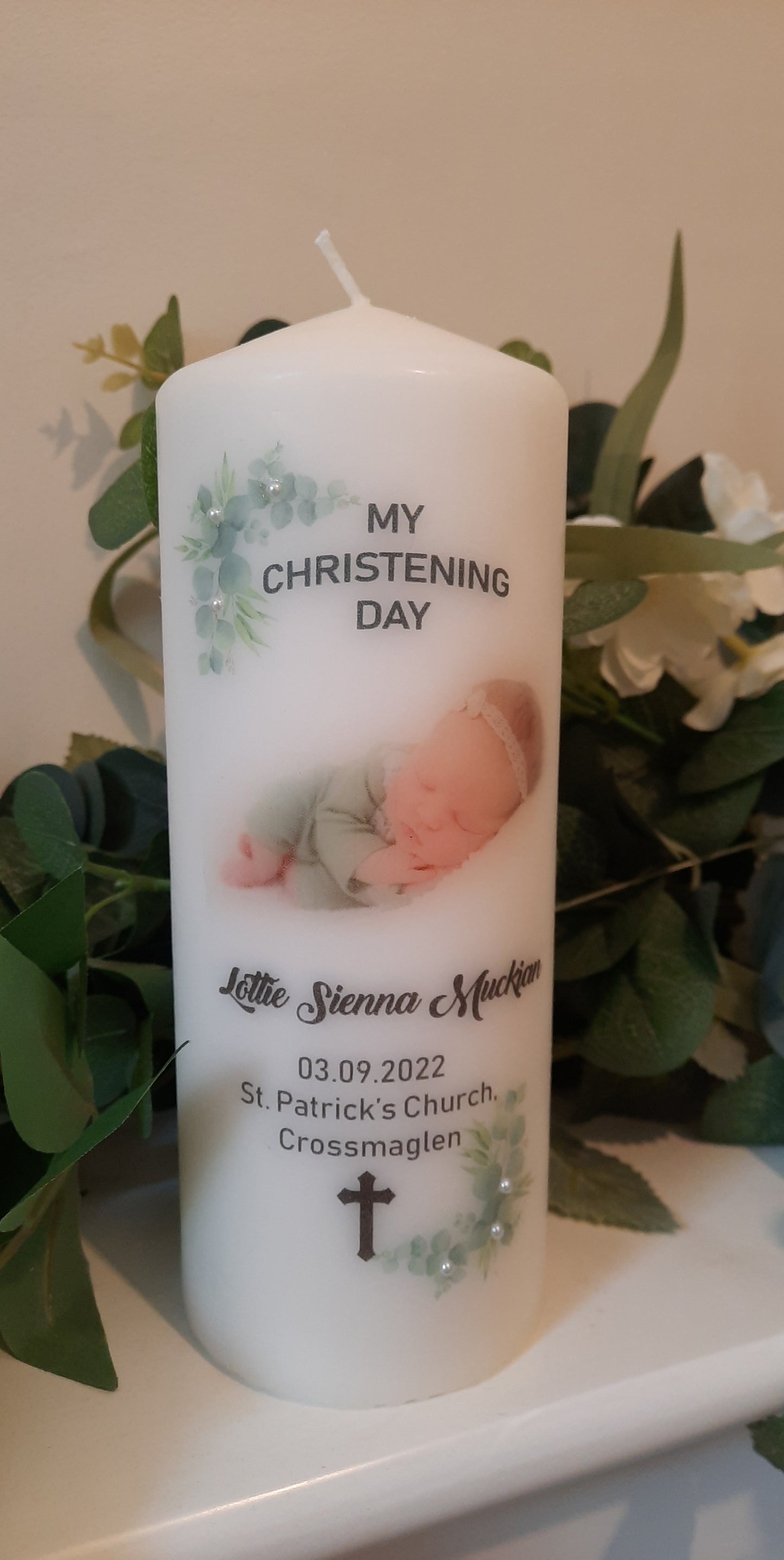 Personalised Christening Candle Eucalyptus with Photo