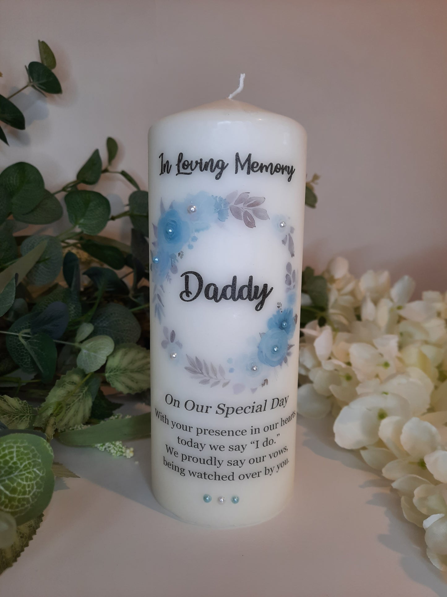 Personalised Memorial Candle blue florals