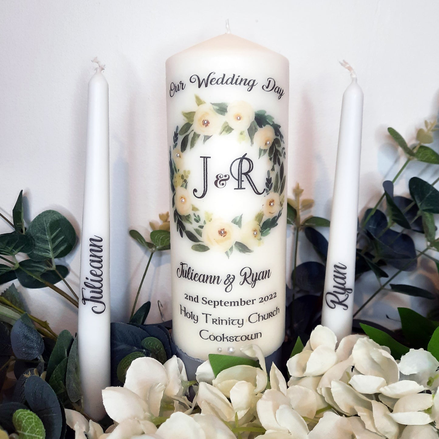 White Rose Personalised Wedding Candles