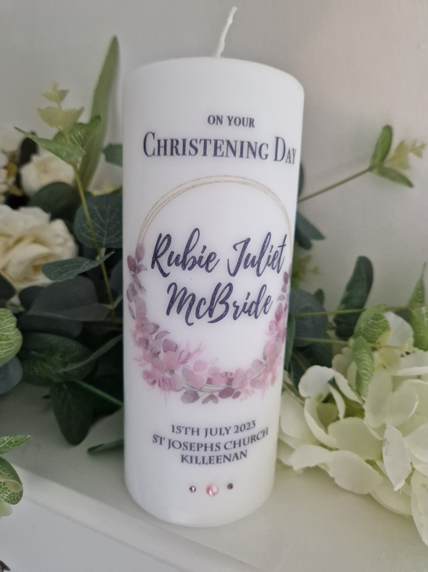 Personalised Christening Candle Pink Circle Eucalyptus