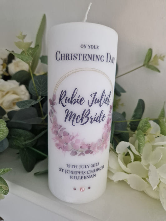 Personalised Christening Candle Pink Circle Eucalyptus