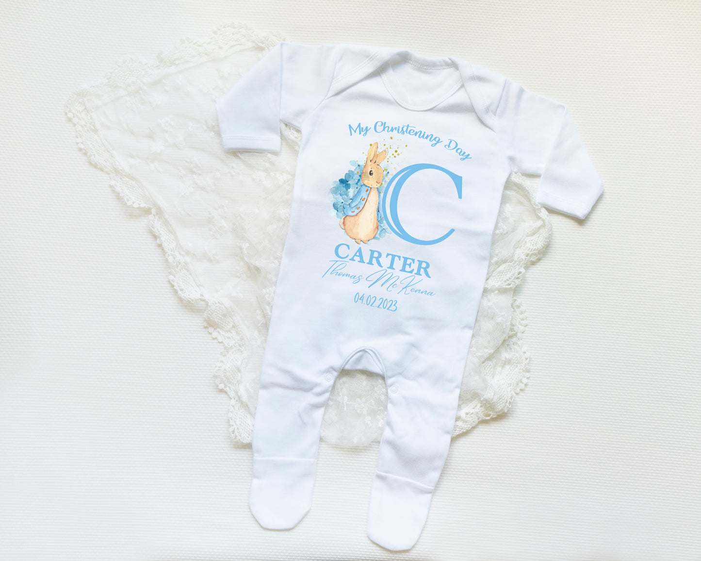 Blue Bunny Rabbit Personalised Christening Babygrow