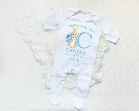 Blue Bunny Rabbit Personalised Christening Babygrow