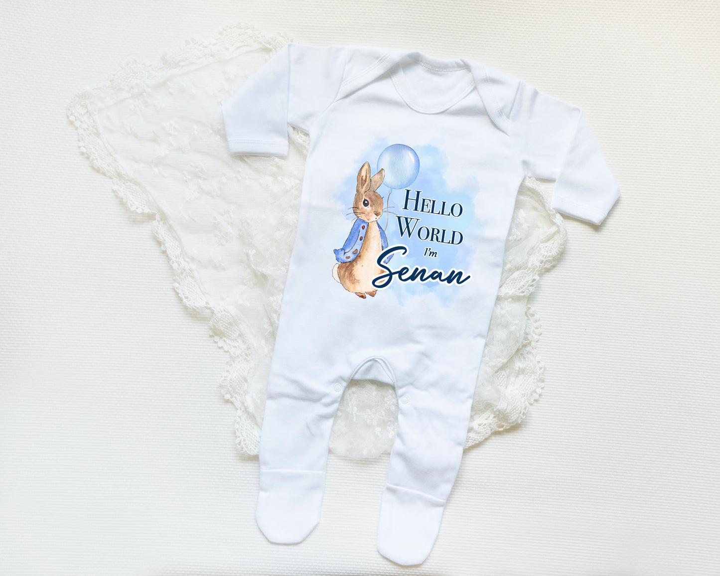 Hello World Blue Bunny Rabbit Personalised Babygrow