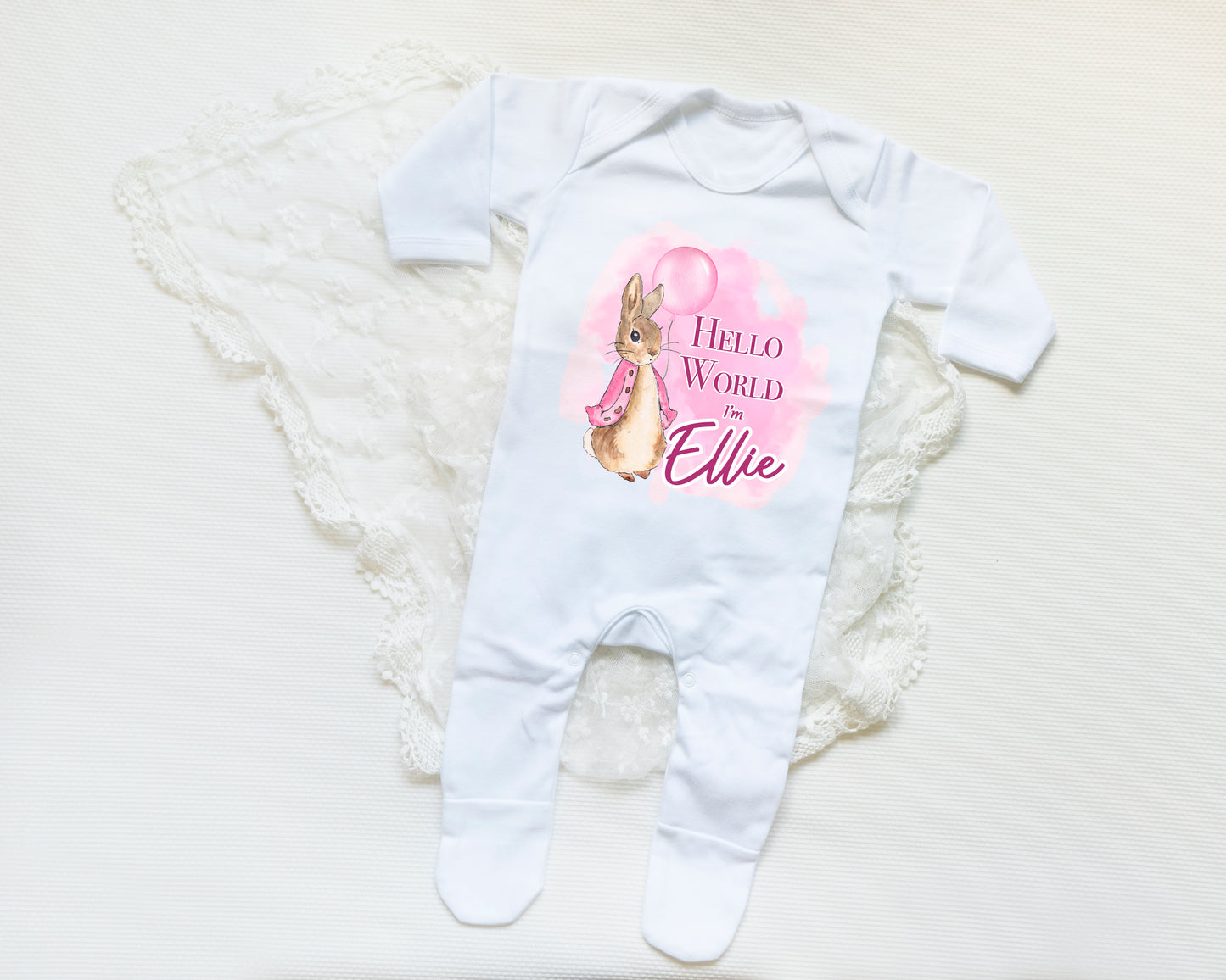 Hello World Pink Bunny Rabbit Personalised Babygrow