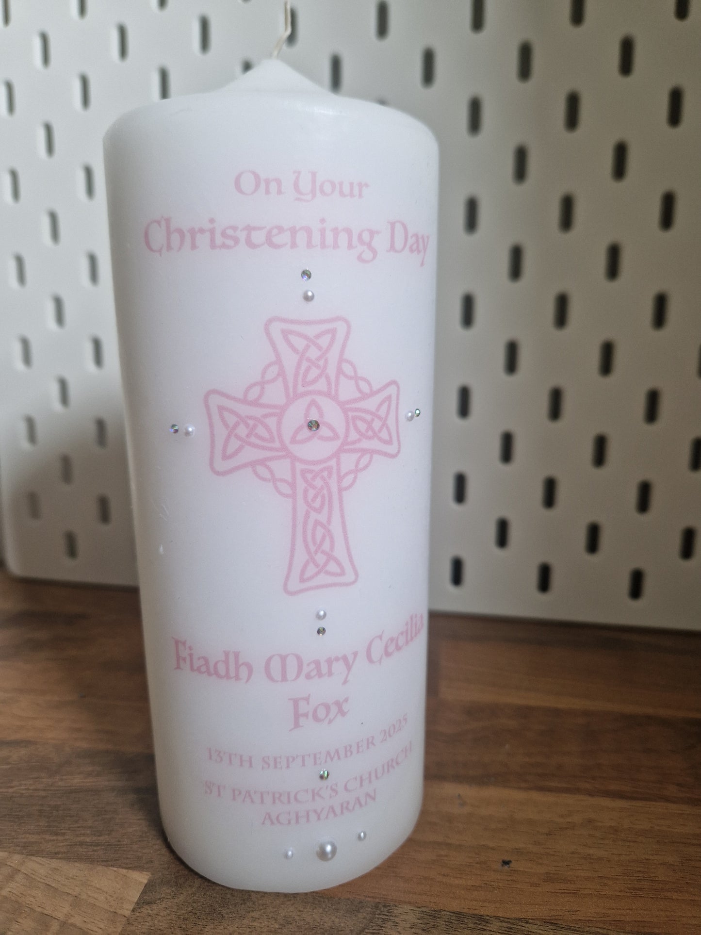 Personalised Christening Candle with Celtic Cross pink