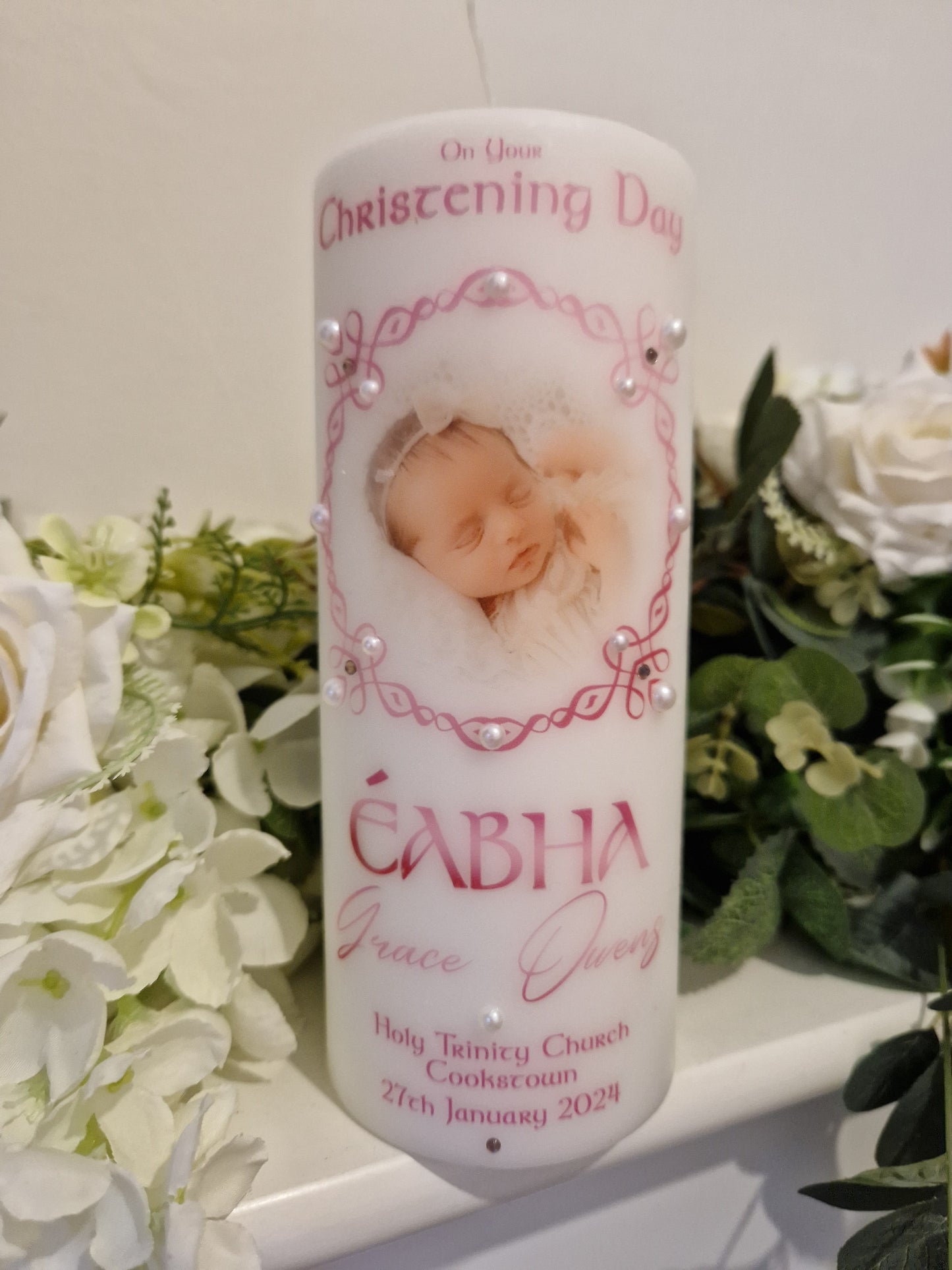 Personalised Christening Candle Celtic with Photo pink