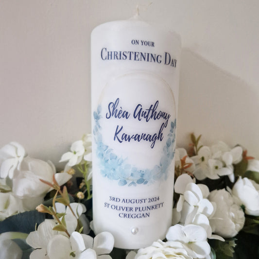 Personalised Christening Candle Blue Circle Eucalyptus