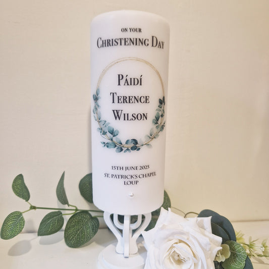 Personalised Christening Candle Eucalyptus Circle