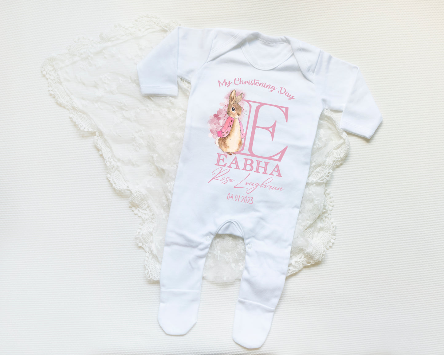Pink Bunny Rabbit Personalised Christening Babygrow