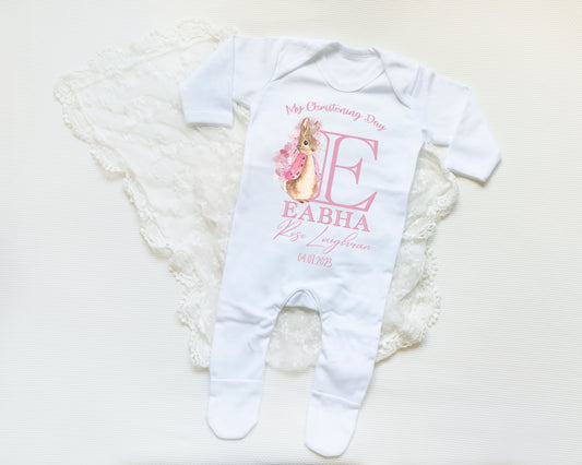 Pink Bunny Rabbit Personalised Christening Babygrow
