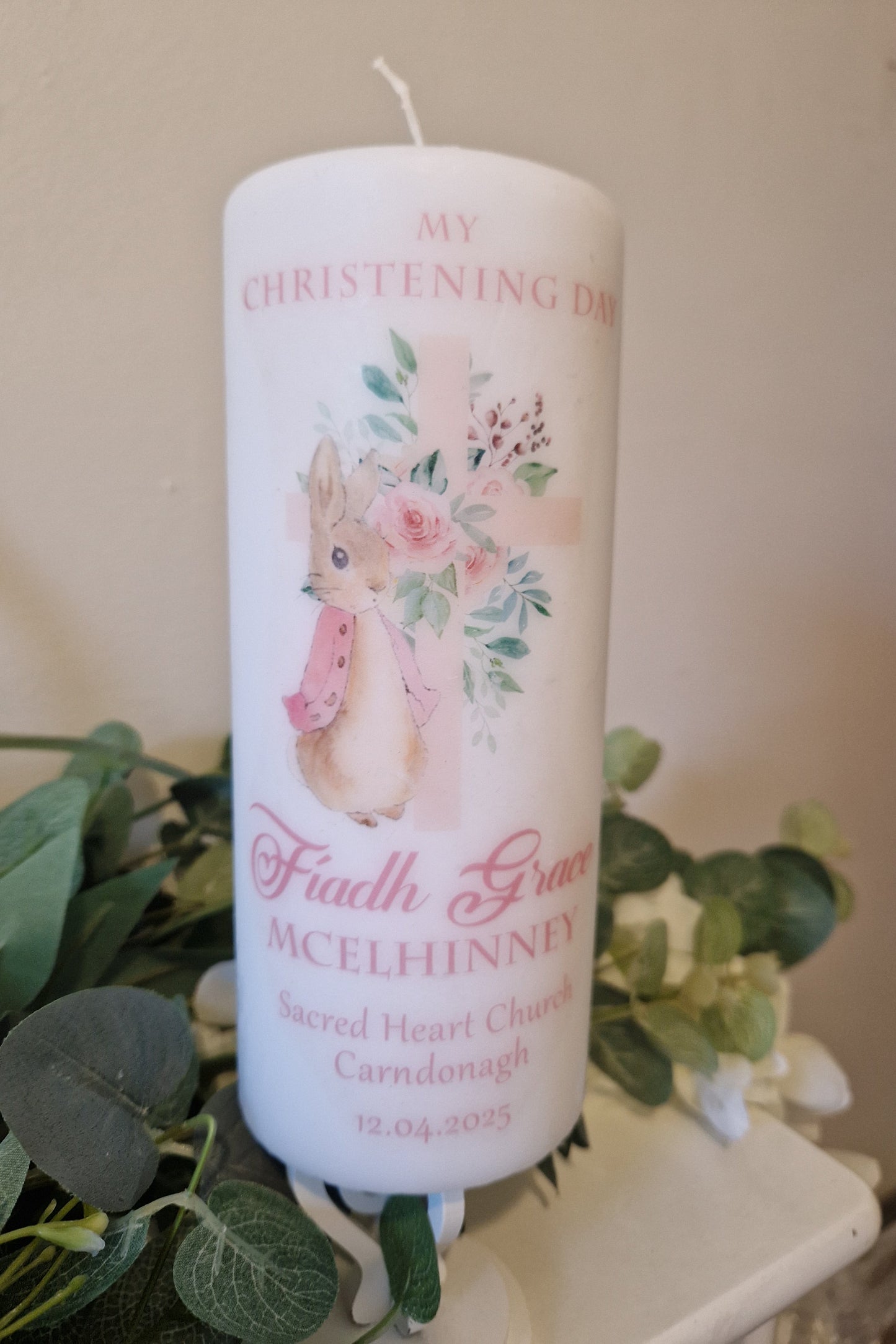 Personalised Flopsy Bunny Cross Christening Candle
