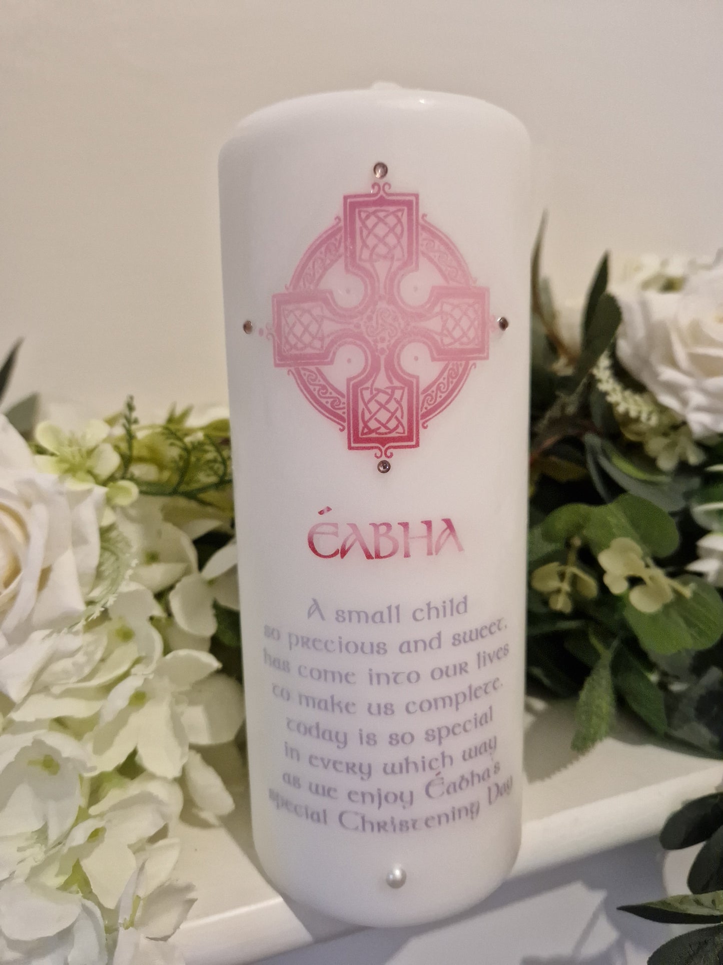 Personalised Christening Candle Celtic with Photo pink