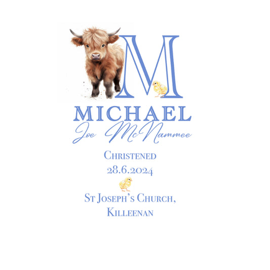 Highland Cow Personalised Christening Candle blue
