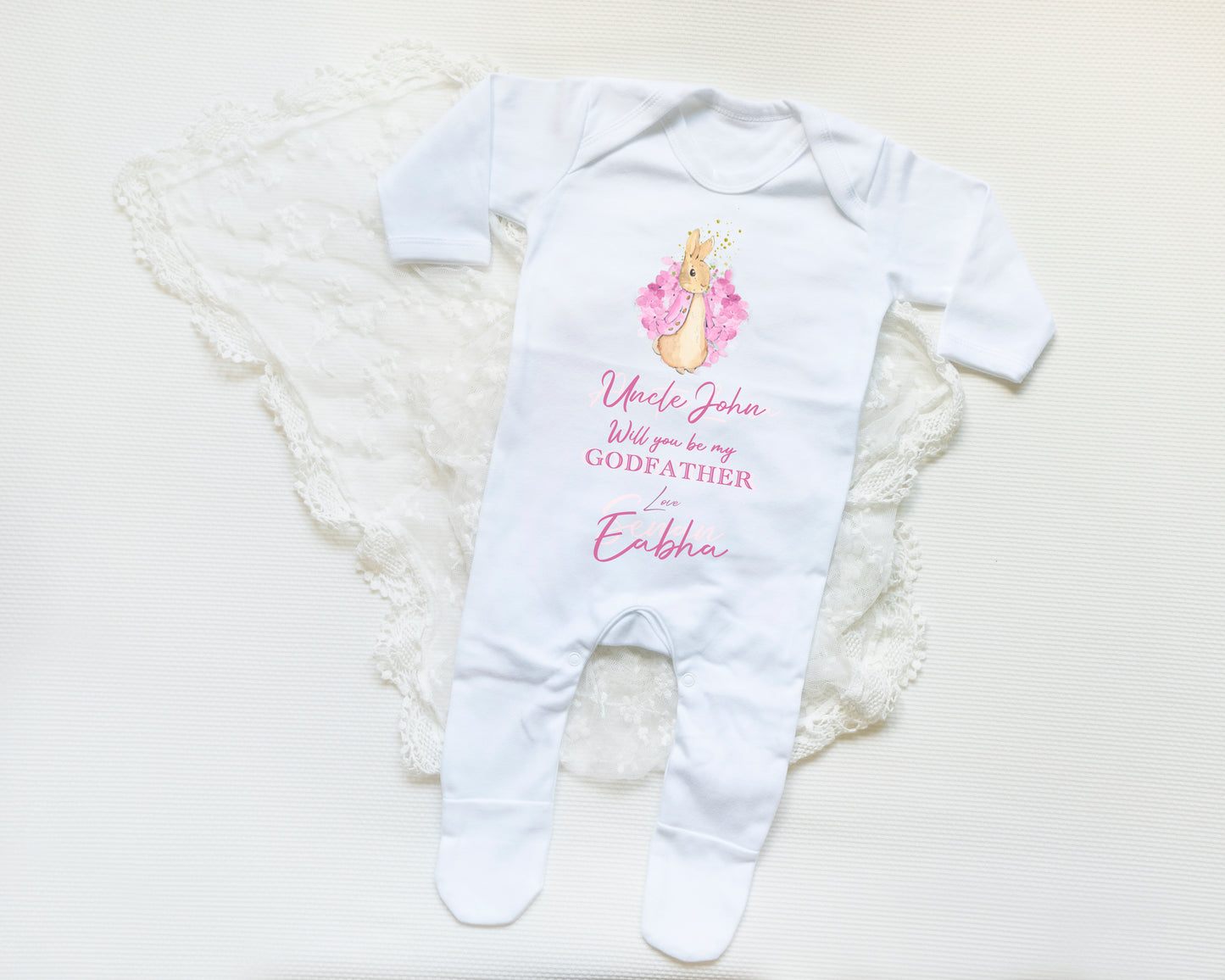 Will you be my Godmother/Godfather Personalised Babygrow Pink