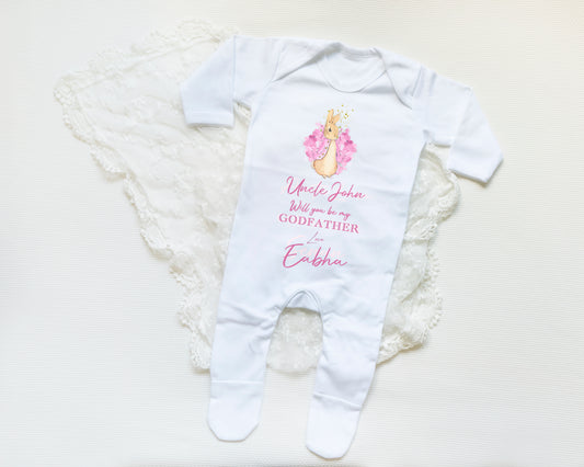 Will you be my Godmother/Godfather Personalised Babygrow Pink