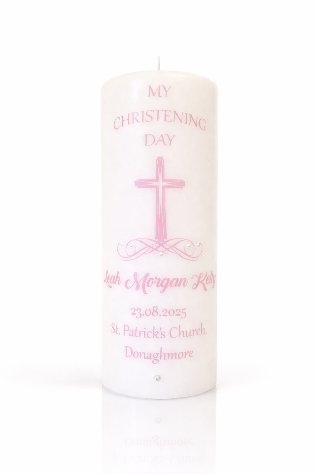 Pink Personalised Christening Candle Swirl Cross