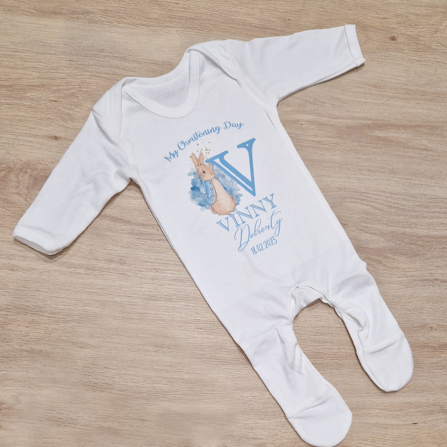 Blue Bunny Rabbit Personalised Christening Babygrow