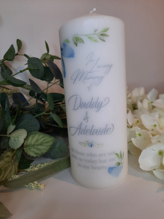 Personalised Memorial Candle Blue Leaf