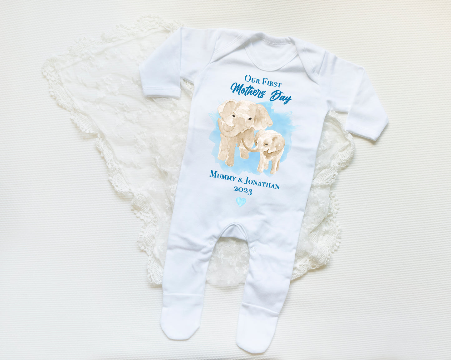 Personalised Elephant Mothers Day Babygrow Blue
