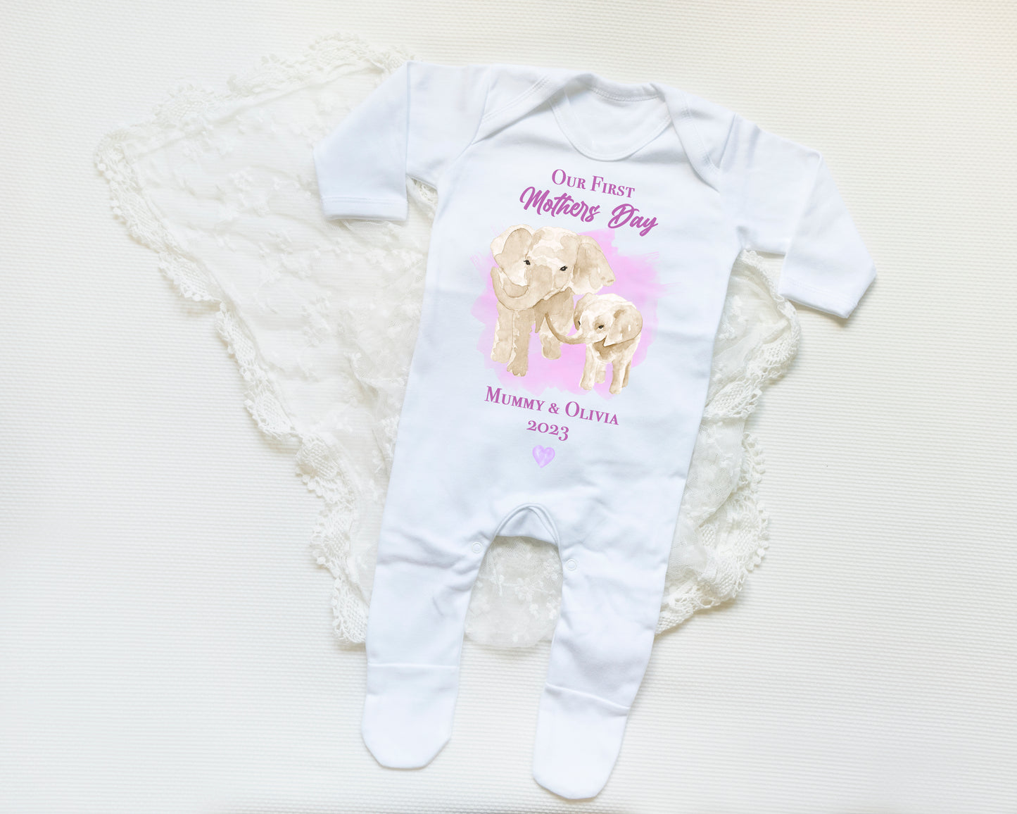 Personalised Elephant Mothers Day Babygrow Pink