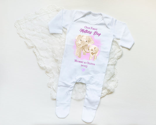 Personalised Elephant Mothers Day Babygrow Pink